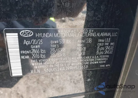 2023 Hyundai Santa Fe Sel из США, поврежденный, VIN 5NMS24AJ9PH575659